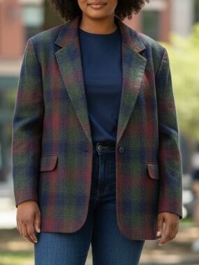 Alia Vintage Wool Blend Multicolor Green Plaid Layering Fall Blazer Sz 16